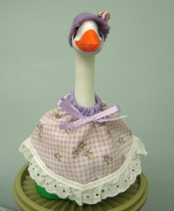 Summer purple flowers on lavender checked outfit for 7" desk or office geese