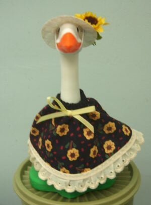 Fall tiny sunflowers on black outfit for 7" desk or office goose